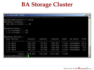BA Storage Cluster




              Özcan Acar © 2009
                         © 2009   Kurumsal Java.
                                  Kurumsal Java.
                                               com
                                                com
 