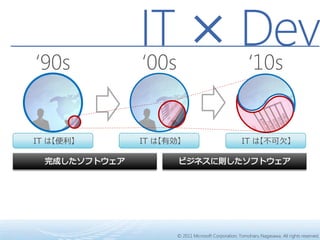 ‘90s
           IT × Dev
           ‘00s ‘10s


IT は【便利】   IT は【有効】                              IT は【不可欠】




                  © 2011 Microsoft Corporation, Tomoharu Nagasawa. All rights reserved.
 