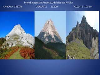 Mendi nagusiak:Anboto,Udalaitz eta Alluitz
ANBOTO 1331m UDALAITZ 1120m ALLUITZ 1034m
 