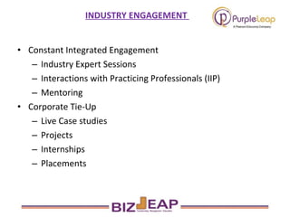 Constant Integrated Engagement Industry Expert Sessions Interactions with Practicing Professionals (IIP)  Mentoring Corporate Tie-Up Live Case studies Projects  Internships  Placements INDUSTRY ENGAGEMENT  