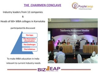 Industry leaders from 12 companies  &  Heads of 60+ MBA colleges in Karnataka   participated & discussed  To make MBA education in India relevant to current Industry needs THE  CHAIRMEN CONCLAVE 