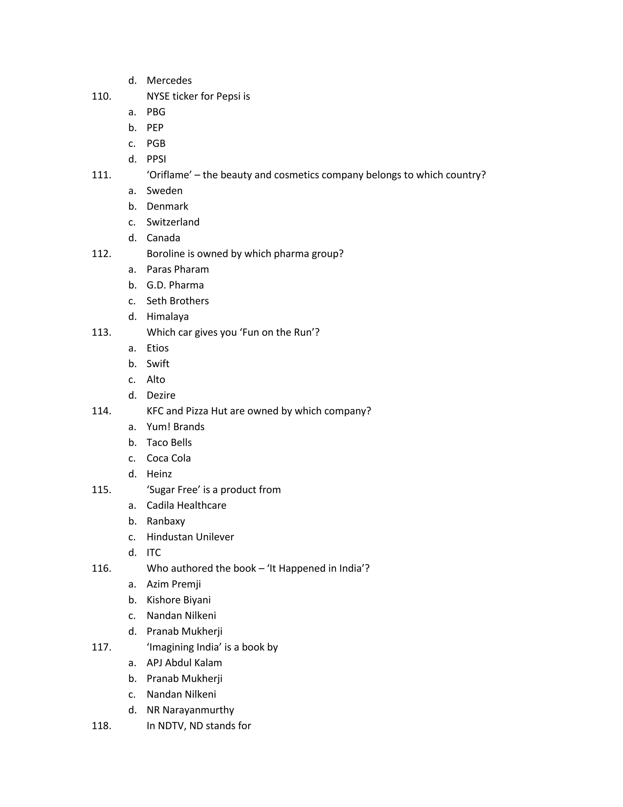 110.

111.

112.

113.

114.

115.

116.

117.

118.

d. Mercedes
NYSE ticker for Pepsi is
a. PBG
b. PEP
c. PGB
d. PPSI
‘Oriflame’ – the beauty and cosmetics company belongs to which country?
a. Sweden
b. Denmark
c. Switzerland
d. Canada
Boroline is owned by which pharma group?
a. Paras Pharam
b. G.D. Pharma
c. Seth Brothers
d. Himalaya
Which car gives you ‘Fun on the Run’?
a. Etios
b. Swift
c. Alto
d. Dezire
KFC and Pizza Hut are owned by which company?
a. Yum! Brands
b. Taco Bells
c. Coca Cola
d. Heinz
‘Sugar Free’ is a product from
a. Cadila Healthcare
b. Ranbaxy
c. Hindustan Unilever
d. ITC
Who authored the book – ‘It Happened in India’?
a. Azim Premji
b. Kishore Biyani
c. Nandan Nilkeni
d. Pranab Mukherji
‘Imagining India’ is a book by
a. APJ Abdul Kalam
b. Pranab Mukherji
c. Nandan Nilkeni
d. NR Narayanmurthy
In NDTV, ND stands for

 