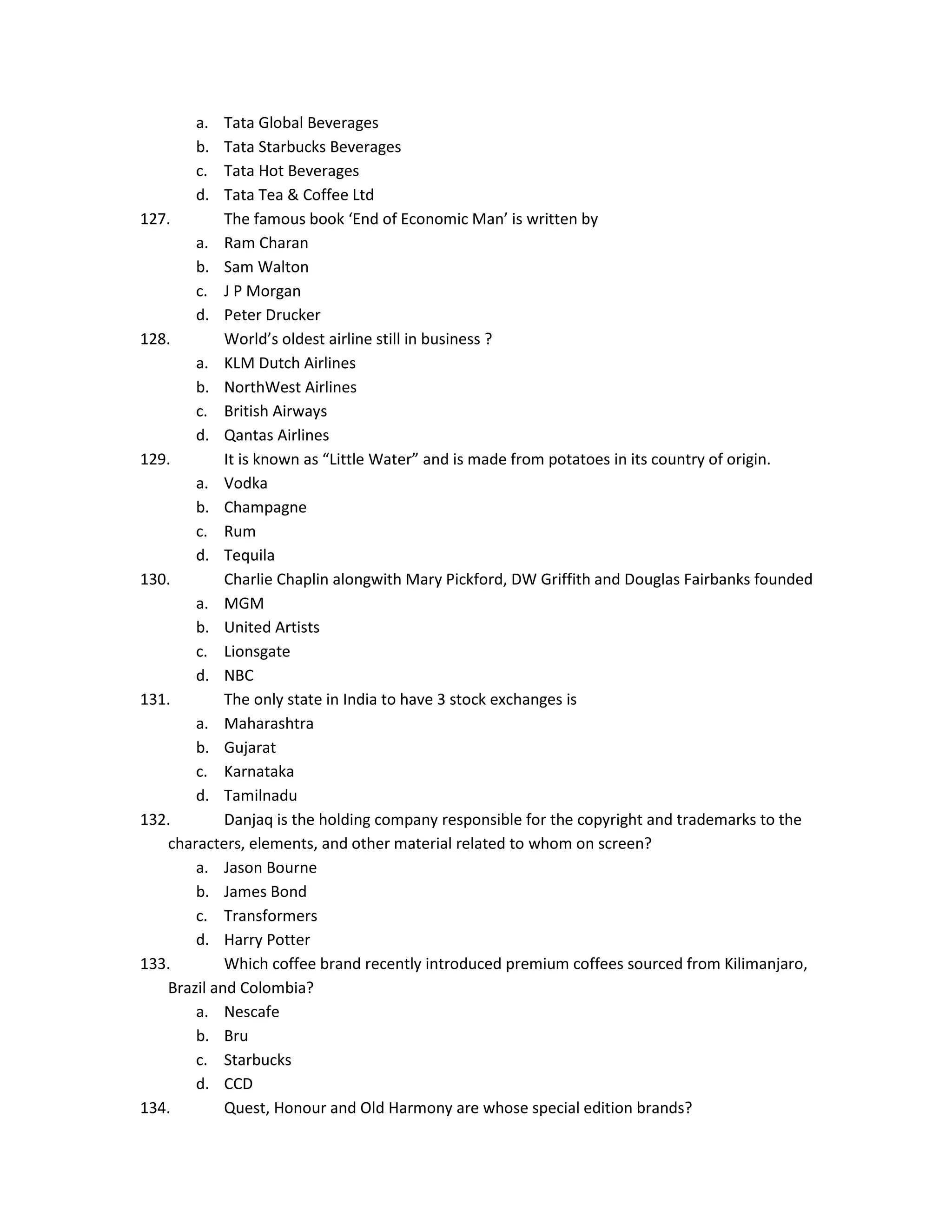 a.
b.
c.
d.

Tata Global Beverages
Tata Starbucks Beverages
Tata Hot Beverages
Tata Tea & Coffee Ltd
127.
The famous book ‘End of Economic Man’ is written by
a. Ram Charan
b. Sam Walton
c. J P Morgan
d. Peter Drucker
128.
World’s oldest airline still in business ?
a. KLM Dutch Airlines
b. NorthWest Airlines
c. British Airways
d. Qantas Airlines
129.
It is known as “Little Water” and is made from potatoes in its country of origin.
a. Vodka
b. Champagne
c. Rum
d. Tequila
130.
Charlie Chaplin alongwith Mary Pickford, DW Griffith and Douglas Fairbanks founded
a. MGM
b. United Artists
c. Lionsgate
d. NBC
131.
The only state in India to have 3 stock exchanges is
a. Maharashtra
b. Gujarat
c. Karnataka
d. Tamilnadu
132.
Danjaq is the holding company responsible for the copyright and trademarks to the
characters, elements, and other material related to whom on screen?
a. Jason Bourne
b. James Bond
c. Transformers
d. Harry Potter
133.
Which coffee brand recently introduced premium coffees sourced from Kilimanjaro,
Brazil and Colombia?
a. Nescafe
b. Bru
c. Starbucks
d. CCD
134.
Quest, Honour and Old Harmony are whose special edition brands?

 