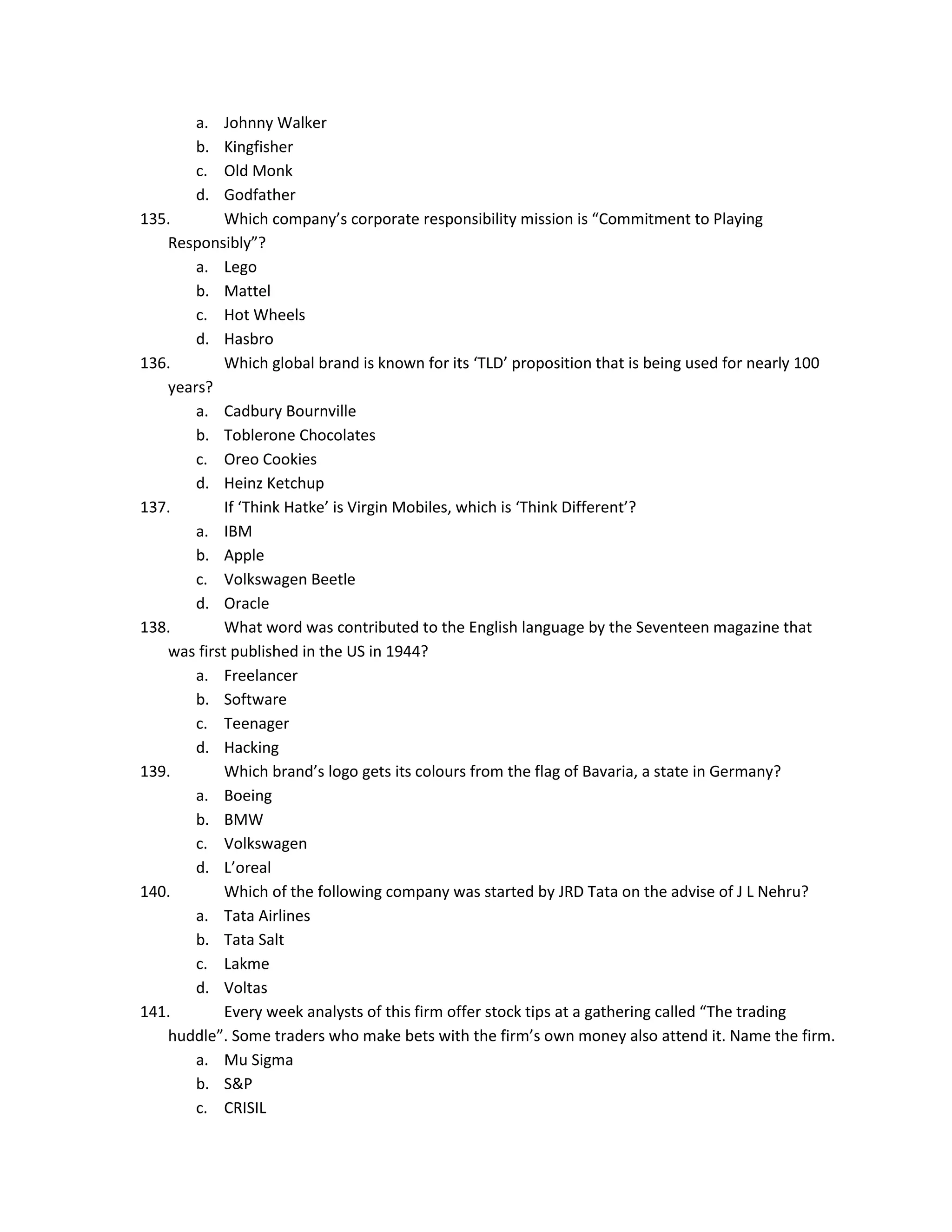 a.
b.
c.
d.

Johnny Walker
Kingfisher
Old Monk
Godfather
135.
Which company’s corporate responsibility mission is “Commitment to Playing
Responsibly”?
a. Lego
b. Mattel
c. Hot Wheels
d. Hasbro
136.
Which global brand is known for its ‘TLD’ proposition that is being used for nearly 100
years?
a. Cadbury Bournville
b. Toblerone Chocolates
c. Oreo Cookies
d. Heinz Ketchup
137.
If ‘Think Hatke’ is Virgin Mobiles, which is ‘Think Different’?
a. IBM
b. Apple
c. Volkswagen Beetle
d. Oracle
138.
What word was contributed to the English language by the Seventeen magazine that
was first published in the US in 1944?
a. Freelancer
b. Software
c. Teenager
d. Hacking
139.
Which brand’s logo gets its colours from the flag of Bavaria, a state in Germany?
a. Boeing
b. BMW
c. Volkswagen
d. L’oreal
140.
Which of the following company was started by JRD Tata on the advise of J L Nehru?
a. Tata Airlines
b. Tata Salt
c. Lakme
d. Voltas
141.
Every week analysts of this firm offer stock tips at a gathering called “The trading
huddle”. Some traders who make bets with the firm’s own money also attend it. Name the firm.
a. Mu Sigma
b. S&P
c. CRISIL

 