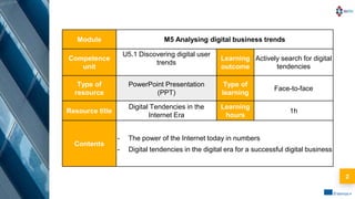 2
Module M5 Analysing digital business trends
Competence
unit
U5.1 Discovering digital user
trends
Learning
outcome
Active...