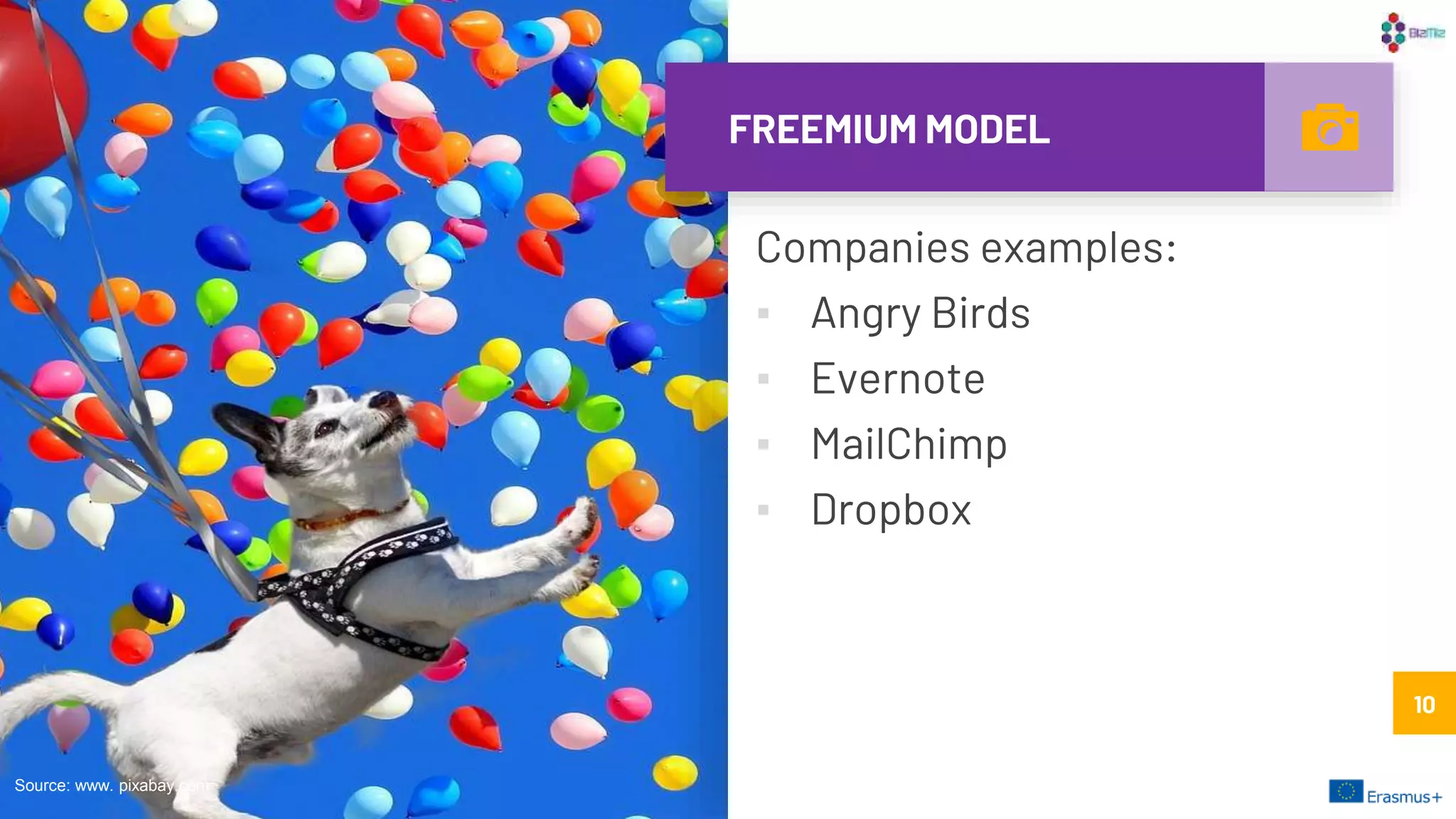 FREEMIUM MODEL
Companies examples:
▪ Angry Birds
▪ Evernote
▪ MailChimp
▪ Dropbox
10
Source: www. pixabay.com
10
 