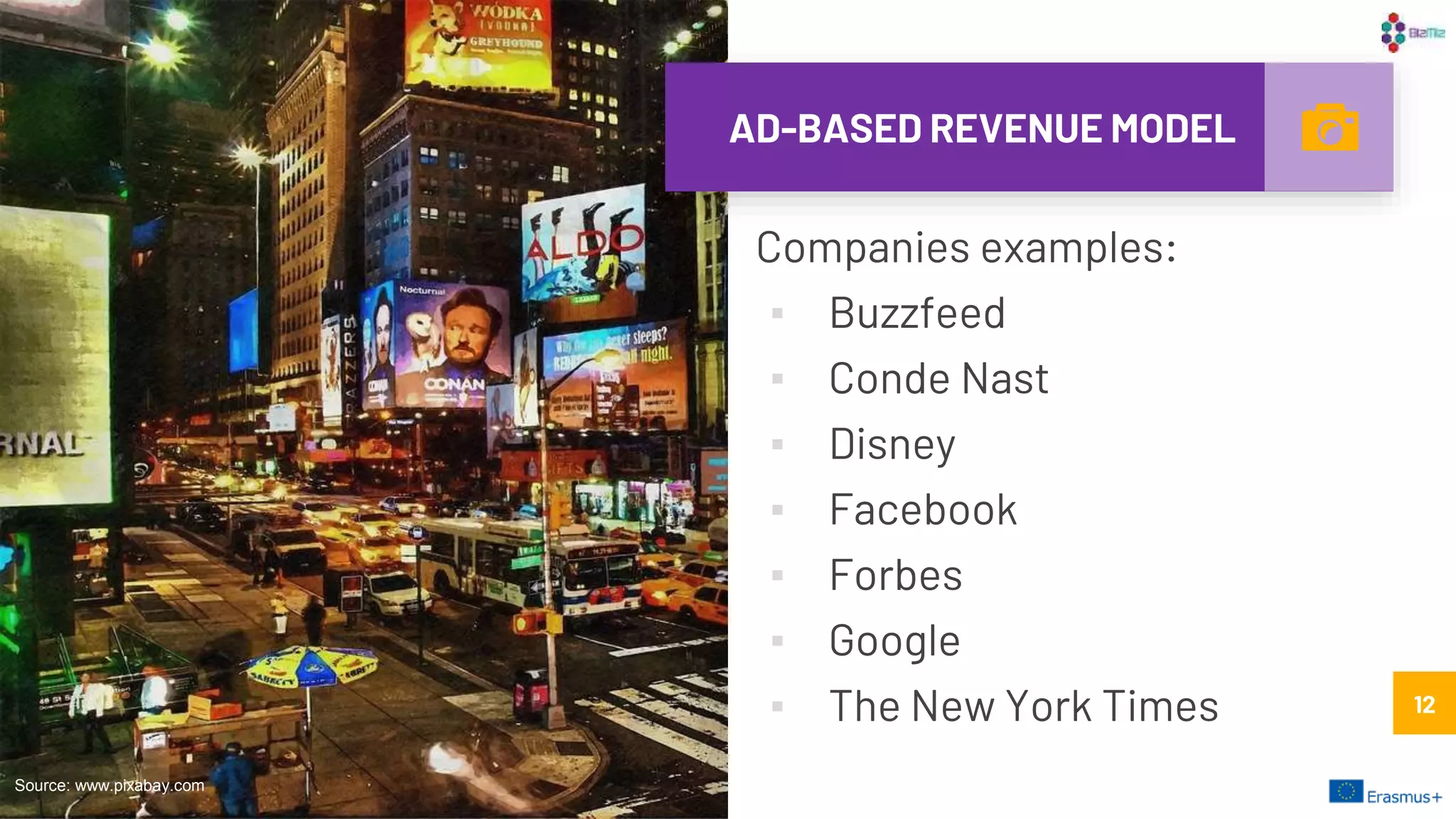 AD-BASED REVENUE MODEL
Companies examples:
▪ Buzzfeed
▪ Conde Nast
▪ Disney
▪ Facebook
▪ Forbes
▪ Google
▪ The New York Times 12
Source: www.pixabay.com
12
 