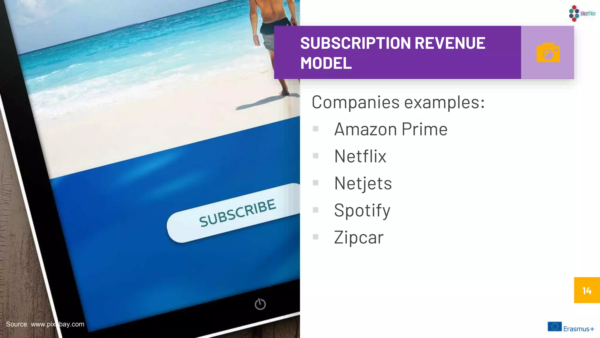 SUBSCRIPTION REVENUE
MODEL
Companies examples:
 Amazon Prime
 Netflix
 Netjets
 Spotify
 Zipcar
14
Source: www.pixabay.com
14
 