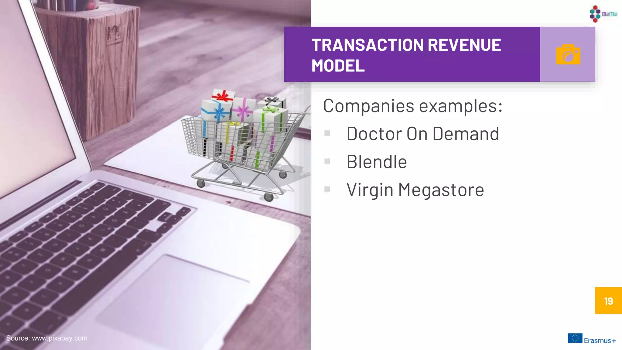 TRANSACTION REVENUE
MODEL
Companies examples:
 Doctor On Demand
 Blendle
 Virgin Megastore
19
Source: www.pixabay.com
19
 