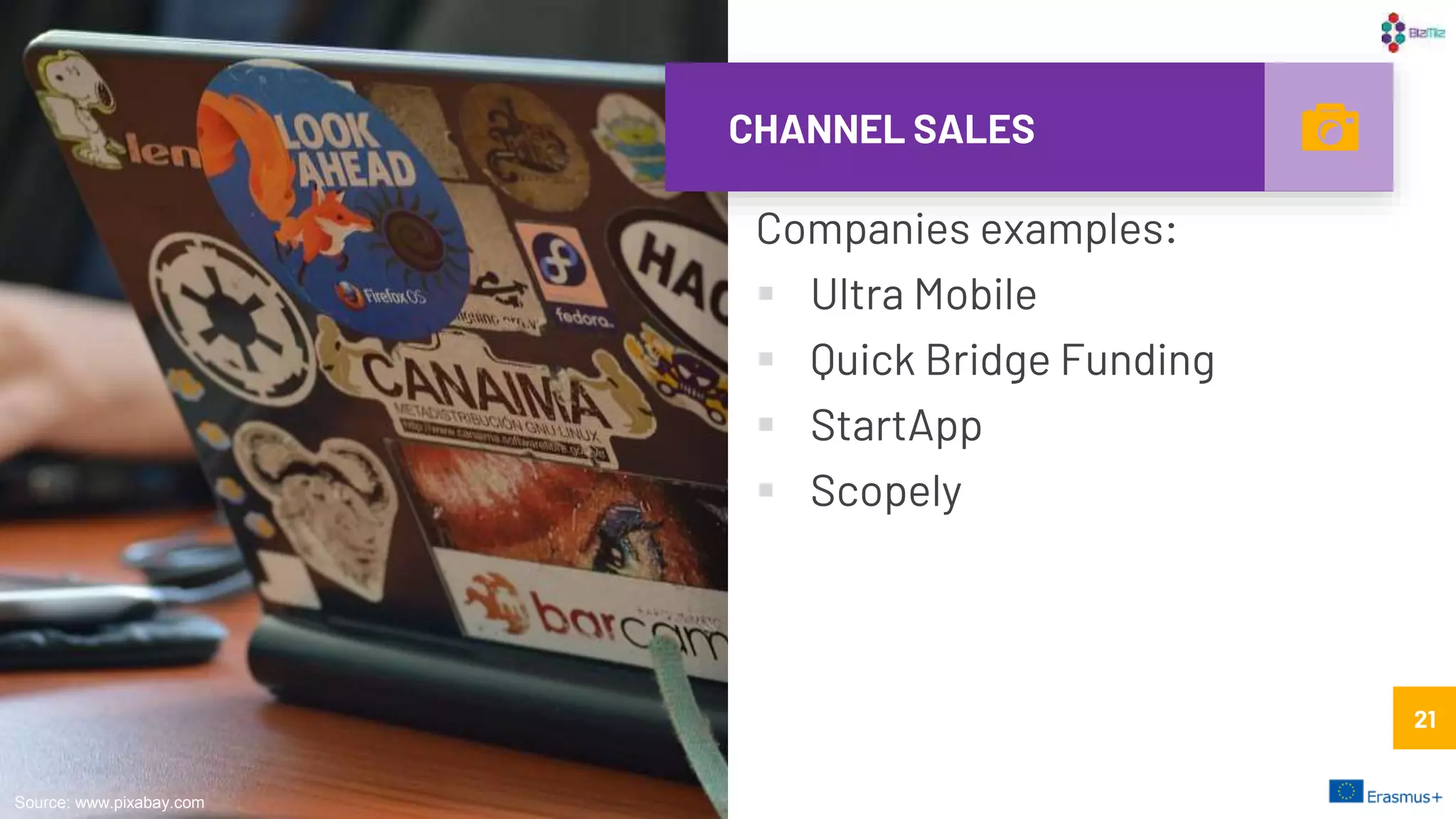 CHANNEL SALES
Companies examples:
 Ultra Mobile
 Quick Bridge Funding
 StartApp
 Scopely
21
Source: www.pixabay.com
21
 