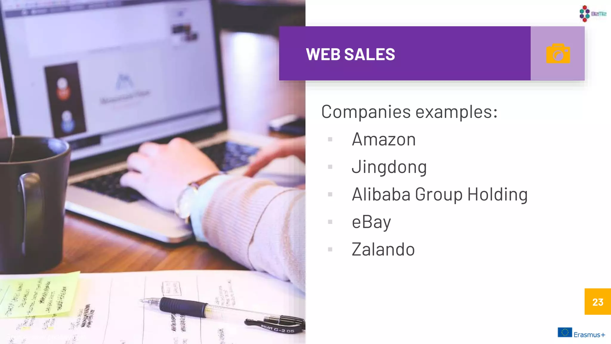 WEB SALES
Companies examples:
▪ Amazon
▪ Jingdong
▪ Alibaba Group Holding
▪ eBay
▪ Zalando
23
Source: www.pixabay.com
23
 