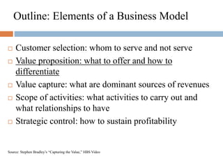 Outline: Elements of a Business Model
 Customer selection: whom to serve and not serve
 Value proposition: what to offer and how to
differentiate
 Value capture: what are dominant sources of revenues
 Scope of activities: what activities to carry out and
what relationships to have
 Strategic control: how to sustain profitability
Source: Stephen Bradley’s “Capturing the Value,” HBS Video
 
