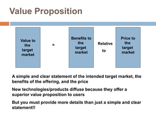 Value Proposition
Value to
the
target
market
Benefits to
the
target
market
Price to
the
target
market
= Relative
to
A simple and clear statement of the intended target market, the
benefits of the offering, and the price
New technologies/products diffuse because they offer a
superior value proposition to users
But you must provide more details than just a simple and clear
statement!!
 