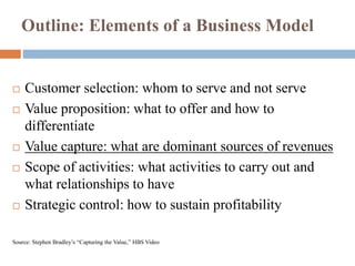 Outline: Elements of a Business Model
 Customer selection: whom to serve and not serve
 Value proposition: what to offer and how to
differentiate
 Value capture: what are dominant sources of revenues
 Scope of activities: what activities to carry out and
what relationships to have
 Strategic control: how to sustain profitability
Source: Stephen Bradley’s “Capturing the Value,” HBS Video
 
