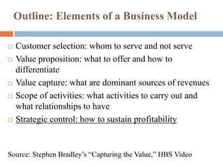 Outline: Elements of a Business Model
 Customer selection: whom to serve and not serve
 Value proposition: what to offer and how to
differentiate
 Value capture: what are dominant sources of revenues
 Scope of activities: what activities to carry out and
what relationships to have
 Strategic control: how to sustain profitability
Source: Stephen Bradley’s “Capturing the Value,” HBS Video
 