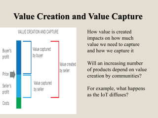 Value Creation and Value Capture
How value is created
impacts on how much
value we need to capture
and how we capture it
Will an increasing number
of products depend on value
creation by communities?
For example, what happens
as the IoT diffuses?
 