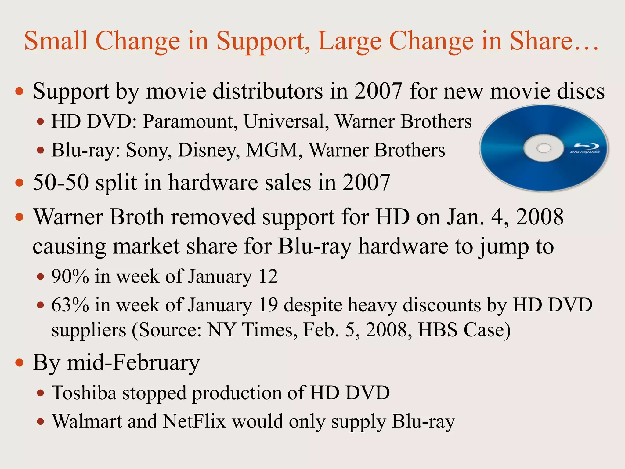 Small Change in Support, Large Change in Share…
 Support by movie distributors in 2007 for new movie discs
 HD DVD: Paramount, Universal, Warner Brothers
 Blu-ray: Sony, Disney, MGM, Warner Brothers
 50-50 split in hardware sales in 2007
 Warner Broth removed support for HD on Jan. 4, 2008
causing market share for Blu-ray hardware to jump to
 90% in week of January 12
 63% in week of January 19 despite heavy discounts by HD DVD
suppliers (Source: NY Times, Feb. 5, 2008, HBS Case)
 By mid-February
 Toshiba stopped production of HD DVD
 Walmart and NetFlix would only supply Blu-ray
 