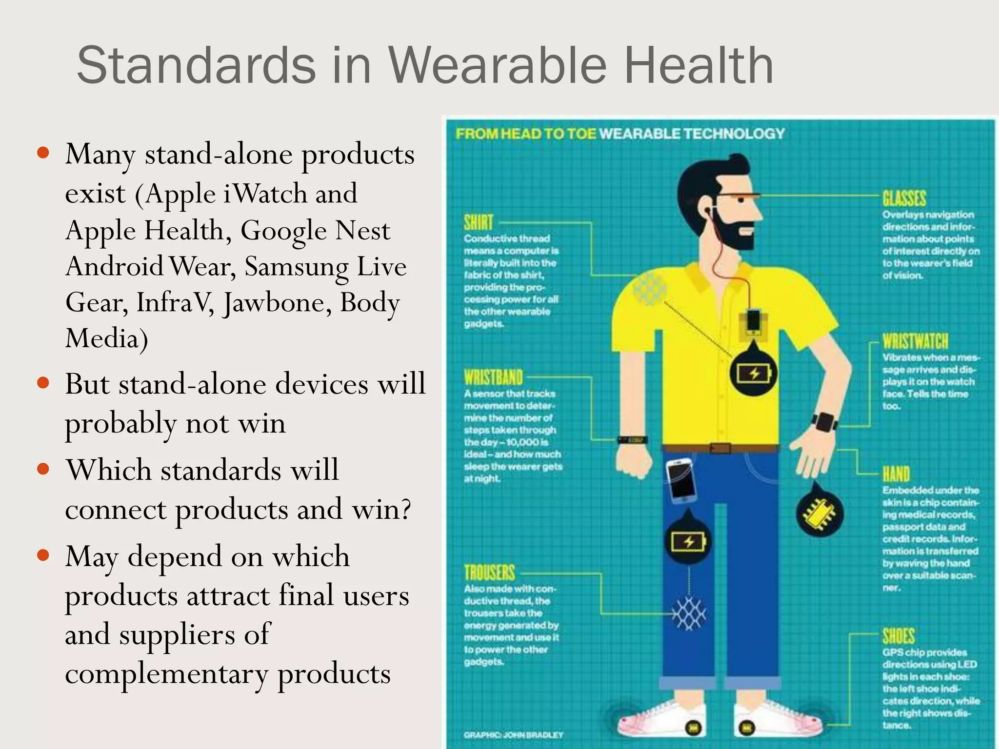 Standards in Wearable Health
 Many stand-alone products
exist (Apple iWatch and
Apple Health, Google Nest
AndroidWear, Samsung Live
Gear, InfraV, Jawbone, Body
Media)
 But stand-alone devices will
probably not win
 Which standards will
connect products and win?
 May depend on which
products attract final users
and suppliers of
complementary products
 