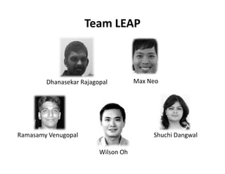 Team LEAP



        Dhanasekar Rajagopal         Max Neo




Ramasamy Venugopal                        Shuchi Dangwal

                         Wilson Oh
 