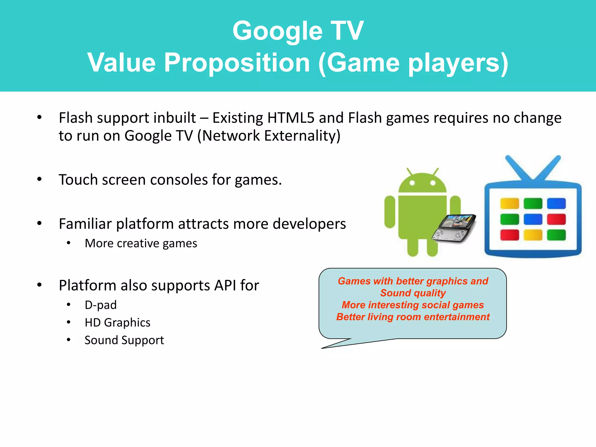 Google TV
        Value Proposition (Game players)
• Flash support inbuilt – Existing HTML5 and Flash games requires no change
  to run on Google TV (Network Externality)

• Touch screen consoles for games.

• Familiar platform attracts more developers
    •   More creative games


• Platform also supports API for          Games with better graphics and
                                                     Sound quality
    •   D-pad                              More interesting social games
                                          Better living room entertainment
    •   HD Graphics
    •   Sound Support
 