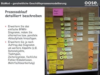 BizMod – ganzheitliche Geschäftsprozessmodellierung oose.Innovative Informatik
Prozessablauf
detailliert beschreiben
Erweitern Sie das
einfache BPMN-
Diagramm, indem Sie
alternative bzw. parallele
Ablaufpfade hinzufügen.
Erweitern Sie je nach
Auftrag das Diagramm
um weitere Aspekte (z.B.
Datenobjekte,
Tasktypen,
Zeitereignisse, fachliche
Fehler/Eskalationen,
Mehrfachbearbeitung)
 