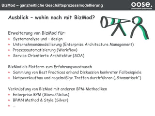 BizMod – ganzheitliche Geschäftsprozessmodellierung oose.Innovative Informatik
Ausblick – wohin noch mit BizMod?
Erweiterung von BizMod für:
Systemanalyse und – design
Unternehmensmodellierung (Enterprise Architecture Management)
Prozessautomatisierung (Workflow)
Service Orientierte Architektur (SOA)
BizMod als Platform zum Erfahrungsaustausch
Sammlung von Best Practices anhand Diskussion konkreter Fallbeispiele
Netzwerkaufbau und regelmäßige Treffen durchführen („Stammtisch“)
Verknüpfung von BizMod mit anderen BPM-Methodiken
Enterprise BPM (Slama/Nelius)
BPMN Method & Style (Silver)
…
 