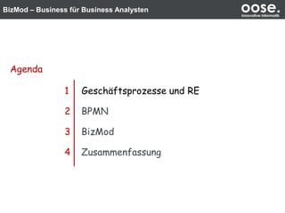 BizMod – Business für Business Analysten oose.Innovative Informatik
1 Geschäftsprozesse und RE
2 BPMN
3 BizMod
4 Zusammenfassung
Agenda
 