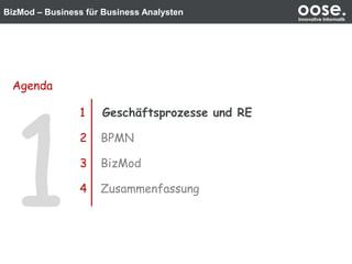 BizMod – Business für Business Analysten oose.Innovative Informatik
1 Geschäftsprozesse und RE
2 BPMN
3 BizMod
4 Zusammenfassung
Agenda
 