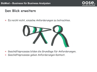 BizMod – Business für Business Analysten oose.Innovative Informatik
Den Blick erweitern
Es reicht nicht, einzelne Anforderungen zu betrachten.
Geschäftsprozesse bilden die Grundlage für Anforderungen.
Geschäftsprozesse geben Anforderungen Kontext.
 
