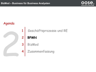 BizMod – Business für Business Analysten oose.Innovative Informatik
1 Geschäftsprozesse und RE
2 BPMN
3 BizMod
4 Zusammenfassung
Agenda
 