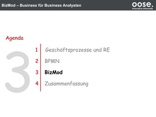 BizMod – Business für Business Analysten oose.Innovative Informatik
1 Geschäftsprozesse und RE
2 BPMN
3 BizMod
4 Zusammenfassung
Agenda
 
