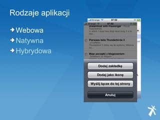 Rodzaje aplikacji Webowa Natywna Hybrydowa 
