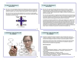7.8. Katër C-të e Marketingut në
internet (4Cs)
184
Në C-në e 1-rë hyn përmbajtja e bollshme dhe e llojllojshme e ofertës së produkteve të
kompanisë në Internet. Këtu duhet dhënë informata të mjaftueshme për produktet apo
shërbimet, kualitetin e tyre, mënyrat e aplikimit apo përdorimit, mënyrat e pagesës, etj.
Në C-në e 2-të hyn E-commerce dhe marketingut në e-commerce, ku hyjnë të gjithë
elementët që u përmendën më lartë (Branding, e-mail. promocionet, banerët) për shitjen
e produkteve me anë të Internetit.
[
7.5. 4 C- të marketingut
7.8. Katër C-të e Marketingut në
internet (4Cs)
185
Në C-në e 3-të, sigurohet një Kujdes ndaj konsumatorëve në formën e: njohjes së
preferencave të tyre, ruajtja e privatësisë, ofrimin e opcioneve të kontaktit, ofrimit të
lirimeve dhuratave apo favorizimeve për konsumatorë të rregullt, mosndryshimi i
shpeshtë i çmimeve, ngritja e besueshmërisë, mbajtjen e kontaktit të vazhdueshëm me
anë të e-mail, telefon, etj.
Në C-në e 4-të hyjnë shndërrimi i të gjitha përvojave profesionale të kompanisë në tregun
e e-biznesit dhe aplikimit të kujdesshëm të 3-C të para në avantazh për zgjerimin e tregut
të e-biznesit, rritjes së numrit të konsumatorëve, rritjes së kualitetit të shërbimeve dhe
ofertave dhe aplikimit të teknologjive të reja për afarizëm të suksesshëm.
E-marketingu në Kosovë nuk është ende i vlerësuar për rëndësinë që ka, sepse në botë
tashmë kjo qasje është transformuar në një nga metodat më efektive në njohjen e një
kompanie dhe produkteve të saj. Ka pak kompani që e ofrojnë këtë shërbim, dhe akoma
më pak agjensitë Kosovare që ndihmojnë kompanitë të tregtojnë online produktet apo
shërbimet e tyre. Kompanitë kosovare, megjithatë kanë filluar ta kuptojnë rëndësinë e
internetit dhe mundësinë e përdorimit të tij për promovimin e produkteve dhe shërbimeve
të tyre, krijimin e kontakteve me partnerët e brendshëm dhe të jashtëm, etj.
[
8. KONCEPTET TJERA TË ZHVILLIMIT
TË E- BIZNESIT
186
8. KONCEPTET TJERA TË ZHVILLIMIT
TË E- BIZNESIT
187
Prezentimi i zhvillimit të E-biznesit në kapitullin e kaluar kryesisht ishte i bazuar në
zhvillimet që ndërlidhen me qasjen në Internet, zhvillimin e web faqeve dhe aplikimin e
metodave dhe strategjive të ndryshme në lidhje me prezencën publike në Internet.
Aplikacionet e ndryshme dhe zhvillimi i teknologjive të reja kanë krijuar disa koncepte
tjera të zhvillimit të e-biznesit të cilat më shumë merren me qështjet e organizimit,
funksionimit dhe të menaxhimit të organizatave.
Këto koncepte janë:
• Intranetet
• Extranetet
• Groupware
• EAI (Enterprise Application Integration) – Integrimi i Aplikacioneve të Korporatës
• CRM (Customer Relationship Management) – Menaxhimi i relacioneve me
konsumatorët
• KM (Knowledge Management) – Menaxhimi i diturisë
• SCM (Supply Chain Management) – Menaxhimi i zingjirit të furnizimit
• ERP (Enterprise Resource Planning) – Planifikimi i Resurseve të korporatës
• Business Intelligence – Intelegjenca e biznesit
[
 