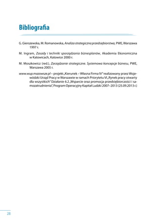 28
Bibliografia
G. Gierszewska, M. Romanowska, Analizastrategicznaprzedsiębiorstwa, PWE,Warszawa
1997 r.
M. Ingram, Zasady i techniki sporządzania biznesplanów, Akademia Ekonomiczna
w Katowicach, Katowice 2000 r.
M. Moszkowicz (red.), Zarządzanie strategiczne. Systemowa koncepcje biznesu, PWE,
Warszawa 2005 r.
www.wup.mazowsze.pl – projekt„Kierunek – Własna Firma IV”realizowany przez Woje-
wódzki Urząd Pracy w Warszawie w ramach Priorytetu VI„Rynek pracy otwarty
dla wszystkich” Działanie 6.2„Wsparcie oraz promocja przedsiębiorczości i sa-
mozatrudnienia”, Program Operacyjny Kapitał Ludzki 2007–2013 (25.09.2013 r.)
 