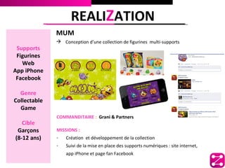 REALIZATION
              MUM
               Conception d’une collection de figurines multi-supports
 Supports
 Figurines
   Web
App iPhone
 Facebook

  Genre
Collectable
  Game
              COMMANDITAIRE : Grani & Partners
   Cible
 Garçons      MISSIONS :
(8-12 ans)    -   Création et développement de la collection
              -   Suivi de la mise en place des supports numériques : site internet,
                  app iPhone et page fan Facebook
 