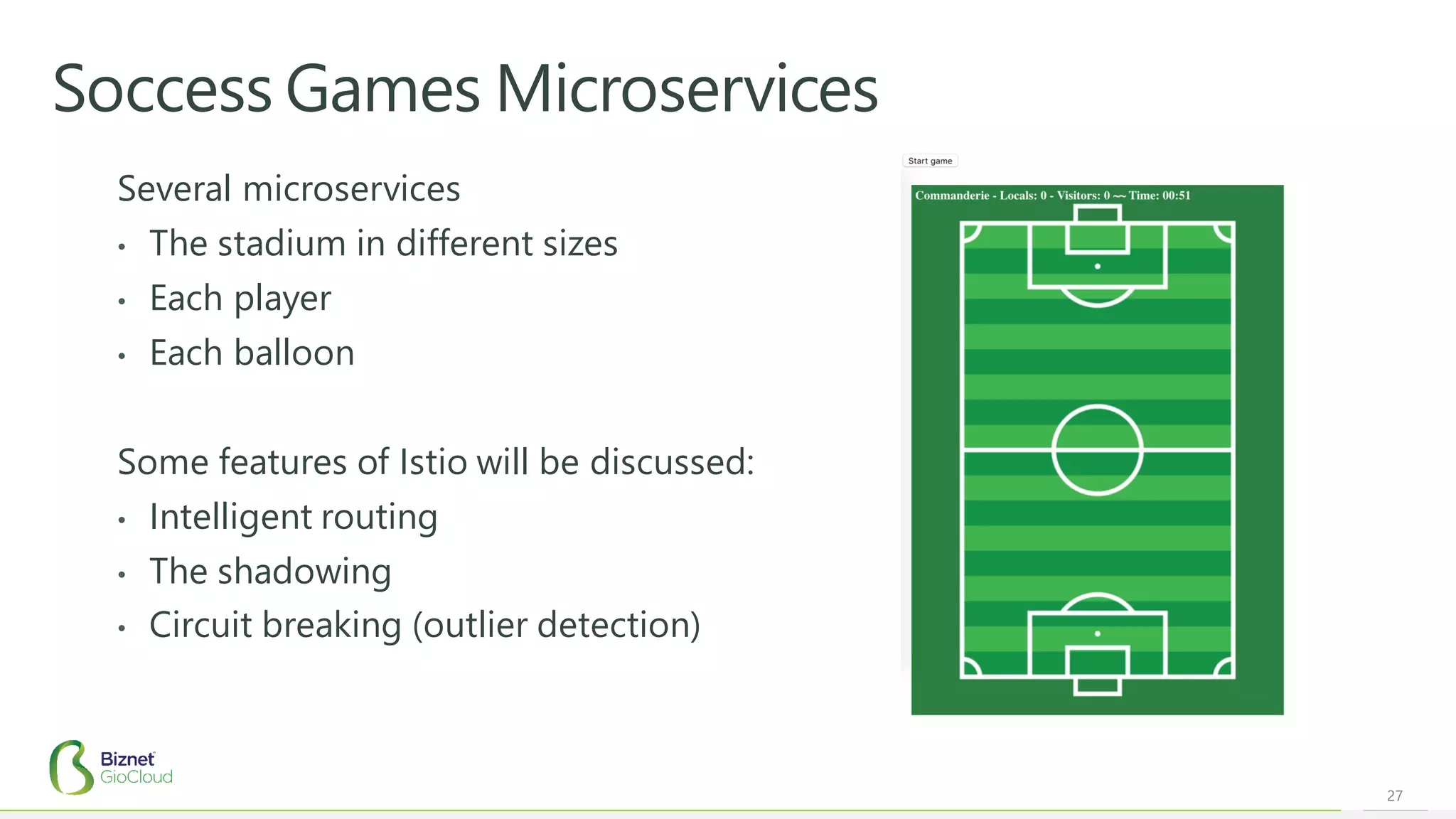 27
Soccess Games Microservices
Several microservices
• The stadium in different sizes
• Each player
• Each balloon
Some features of Istio will be discussed:
• Intelligent routing
• The shadowing
• Circuit breaking (outlier detection)
 