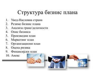 Структура бизнис плана
1. Увод-Насловна страна
2. Резиме бизнис плана
3. Анализа гране/делатности
4. Опис бизниса
5. Производни план
6. Маркетинг план
7. Организациони план
8. Оцена ризика
9. Финансијски план
10. Анекс
 