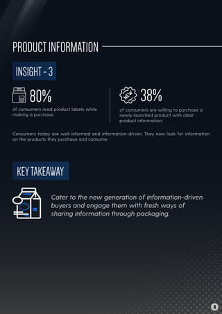 INSIGHT-3
of consumers read product labels while
making a purchase.
80%
of consumers are willing to purchase a
newly launched product with clear
product information.
38%
KEYTAKEAWAY
Cater to the new generation of information-driven
buyers and engage them with fresh ways of
sharing information through packaging.
PRODUCTINFORMATION
Consumers today are well-informed and information-driven. They now look for information
on the products they purchase and consume.
8
 