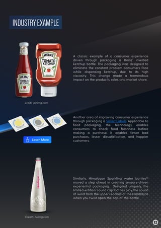 INDUSTRYEXAMPLE
A classic example of a consumer experience
driven through packaging is Heinz’ inverted
ketchup bottle. The packaging was designed to
eliminate the constant problem consumers face
while dispensing ketchup, due to its high
viscosity. This change made a tremendous
impact on the product’s sales and market share.
Another area of improving consumer experience
through packaging is Smart Labels. Applicable to
food packaging, the technology enables
consumers to check food freshness before
making a purchase. It enables fewer bad
purchases, lesser dissatisfaction, and happier
customers.
Similarly, Himalayan Sparkling water bottles[5]
moved a step ahead in creating sensory-driven
experiential packaging. Designed uniquely, the
limited-edition ‘sound cap’ bottles play the sound
of wind from the upper reaches of the Himalayas
when you twist open the cap of the bottle.
Credit-pinimg.com
Credit- twimg.com
12
Learn More
 