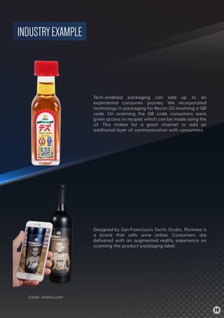 INDUSTRYEXAMPLE
Tech-enabled packaging can add up to an
experiential consumer journey. We incorporated
technology in packaging for Recon Oil involving a QR
code. On scanning the QR code consumers were
given access to recipes which can be made using the
oil. This makes for a great channel to add an
additional layer of communication with consumers.
Designed by San Francisco’s Tactic Studio, 19crimes is
a brand that sells wine online. Consumers are
delivered with an augmented reality experience on
scanning the product packaging label.
Credit- multivu.com
19
 