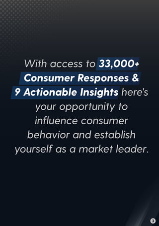 With access to 33,000+
Consumer Responses &
9 Actionable Insights here's
your opportunity to
inﬂuence consumer
behavior and establish
yourself as a market leader.
3
 