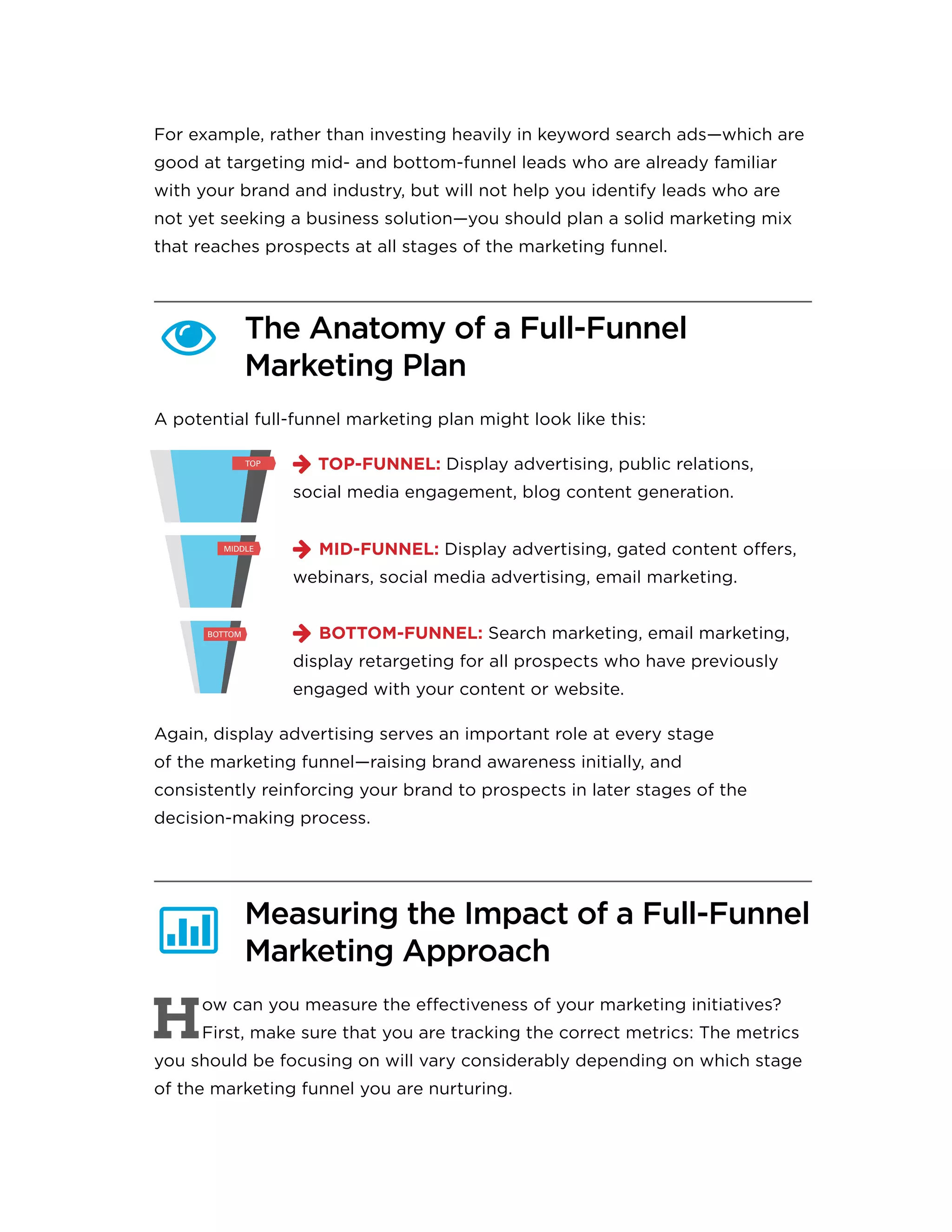 For example, rather than investing heavily in keyword search ads—which are
good at targeting mid- and bottom-funnel leads who are already familiar
with your brand and industry, but will not help you identify leads who are
not yet seeking a business solution—you should plan a solid marketing mix
that reaches prospects at all stages of the marketing funnel.
The Anatomy of a Full-Funnel
Marketing Plan
A potential full-funnel marketing plan might look like this:
 TOP-FUNNEL: Display advertising, public relations,
social media engagement, blog content generation.
 MID-FUNNEL: Display advertising, gated content offers,
webinars, social media advertising, email marketing.
 BOTTOM-FUNNEL: Search marketing, email marketing,
display retargeting for all prospects who have previously
engaged with your content or website.
Again, display advertising serves an important role at every stage
of the marketing funnel—raising brand awareness initially, and
consistently reinforcing your brand to prospects in later stages of the
decision-making process.
Measuring the Impact of a Full-Funnel
Marketing Approach
H
ow can you measure the effectiveness of your marketing initiatives?
First, make sure that you are tracking the correct metrics: The metrics
you should be focusing on will vary considerably depending on which stage
of the marketing funnel you are nurturing.


TOP
MIDDLE
BOTTOM
 