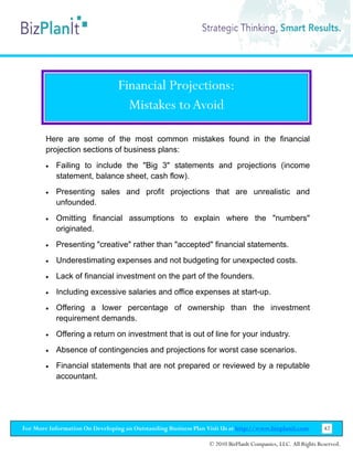 Financial Projections:
                                   Mistakes to Avoid

        Here are some of the most common mistakes found in the financial
        projection sections of business plans:
        •   Failing to include the "Big 3" statements and projections (income
            statement, balance sheet, cash flow).
        •   Presenting sales and profit projections that are unrealistic and
            unfounded.
        •   Omitting financial assumptions to explain where the "numbers"
            originated.
        •   Presenting "creative" rather than "accepted" financial statements.
        •   Underestimating expenses and not budgeting for unexpected costs.
        •   Lack of financial investment on the part of the founders.
        •   Including excessive salaries and office expenses at start-up.
        •   Offering a lower percentage of ownership than the investment
            requirement demands.
        •   Offering a return on investment that is out of line for your industry.
        •   Absence of contingencies and projections for worst case scenarios.
        •   Financial statements that are not prepared or reviewed by a reputable
            accountant.




For More Information On Developing an Outstanding Business Plan Visit Us at http://www.bizplanit.com           42

                                                                 © 2010 BizPlanIt Companies, LLC. All Rights Reserved.
 