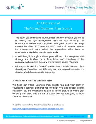 An Overview of
                      The Virtual Business Plan (cont.)

        •   The better you understand your business the more effective you will be
            in creating the right management team for your company. The
            landscape is littered with companies with great products and huge
            markets that either didn’t make it or didn’t reach their potential because
            the management team lacked the appropriate skills, talent or
            experience to capitalize upon its opportunity.
        •   A well thought through business plan will lay out a comprehensive
            strategy and timeline for implementation and operations of the
            company, particularly in the early and emerging stages of growth.
        •   Allows you to examine “what-if” scenarios and create back-up plans
            should your Plan A turn out differently than you originally expected – a
            situation which happens quite frequently.


        A Thank You From The BizPlanIt Team
        We hope our Virtual Business Plan assists you and your team in
        developing a business plan that not only helps you raise needed capital,
        but allows you the opportunity to gain a clearer picture of where your
        company has been, where it stands today, and how it is going to move
        forward in the future.


        The online version of the Virtual Business Plan is available at:

        http://www.bizplanit.com/resources/virtual-business-plan.html


For More Information On Developing an Outstanding Business Plan Visit Us at http://www.bizplanit.com           5

                                                                 © 2010 BizPlanIt Companies, LLC. All Rights Reserved.
 