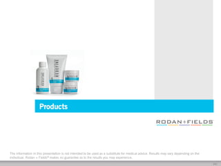 Products

The information in this presentation is not intended to be used as a substitute for medical advice. Results may vary depending on the
individual. Rodan + Fields® makes no guarantee as to the results you may experience.
[	
  6	
  ]	
  

 