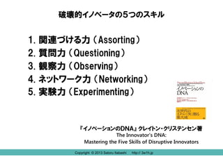 破壊的イノベータの５つのスキル

1.
2.
3.
4.
5.

関連づける力 （Assorting）
質問力 （Questioning）
観察力 （Observing）
ネットワーク力 （Networking）
実験力 （Experimenting）

『イノベーションのＤＮＡ』 クレイトン・クリステンセン著
The Innovator’s DNA:
Mastering the Five Skills of Disruptive Innovators

Copyright © 2013 Satoru Itabashi
Copyright © 2013 Satoru Itabashi

http:// 3w1h.jp
http:// 3w1h.jp

 