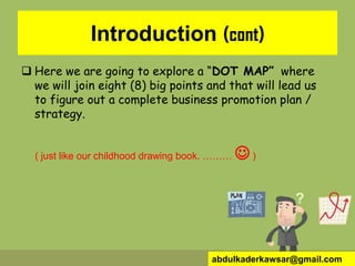 Introduction (cont)
 Here we are going to explore a “DOT MAP” where
we will join eight (8) big points and that will lead us
to figure out a complete business promotion plan /
strategy.
( just like our childhood drawing book. ………  )
abdulkaderkawsar@gmail.com
 