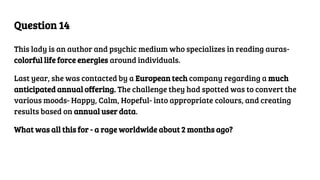 Question 14
This lady is an author and psychic medium who specializes in reading auras-
colorful life force energies around individuals.
Last year, she was contacted by a European tech company regarding a much
anticipated annual offering. The challenge they had spotted was to convert the
various moods- Happy, Calm, Hopeful- into appropriate colours, and creating
results based on annual user data.
What was all this for - a rage worldwide about 2 months ago?
 