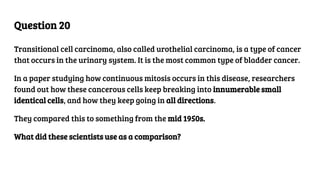 Question 20
Transitional cell carcinoma, also called urothelial carcinoma, is a type of cancer
that occurs in the urinary system. It is the most common type of bladder cancer.
In a paper studying how continuous mitosis occurs in this disease, researchers
found out how these cancerous cells keep breaking into innumerable small
identical cells, and how they keep going in all directions.
They compared this to something from the mid 1950s.
What did these scientists use as a comparison?
 