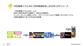 MBS動画イズム444  (有料料動画配信)  2016年年12⽉月リリース
#serverlessconf
「MBS動画イズム444」とは、
MBSで現在放送中の番組や、過去の名番組を、
インターネットに接続したPC、スマートフォンなどで視聴いだけるサービス。
⽉月額定額課⾦金金で全ての作品を⾒見見放題
 